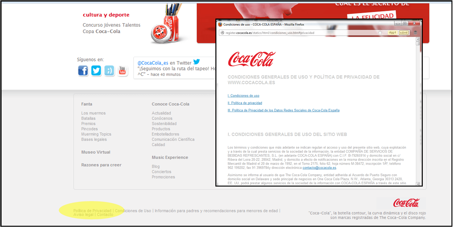 Politica de privacidad Coca Cola